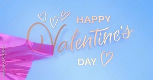 Happy Valentine's Day inscription in Mild Gold and brush script hand lettering uncovered by semi-transparent shiny and reflective cloth. 4K Animation for on light-blue background.