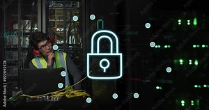 Working with network cables in server room, technician with lock and cybersecurity animation