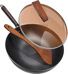 Carbon Steel Wok Pan with Lid & Wood Spatula, 12.5" Cast Iron Stir Fry Pan with Flat Bottom and Wooden Handle for Electric, Induction and Gas Stoves