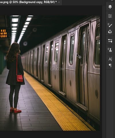 how to move standing train with help of radial blur tool in Photoshop 2025