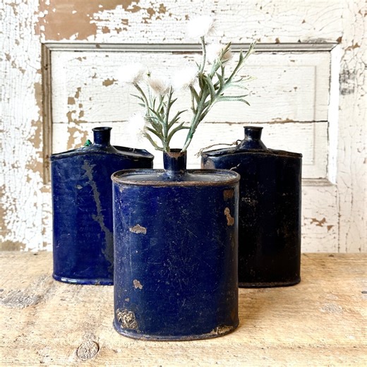 Vintage Cobalt Blue Enamel Flask Bud Vase | Coastal Farmhouse Decor - Etsy