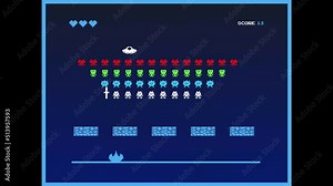 Retro 8 Bit Eighties Inspired Console Arcade Video Game. Loading Screen and Playback for TV or Mobile Device Screen with Spaceship Shooting Down Aliens and UFO Boss, Winning the Round.