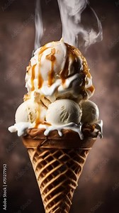 Slow motion shot of wafer cone with vanilla ice cream covered and topping chocolate sauce on dark background.