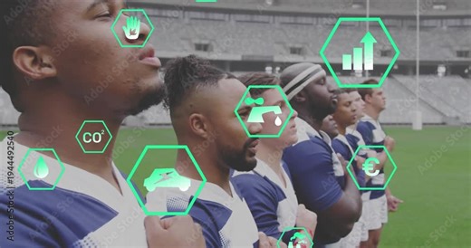 Rugby team reciting anthem for unity starting camera receding green icons drifting over torsos ad