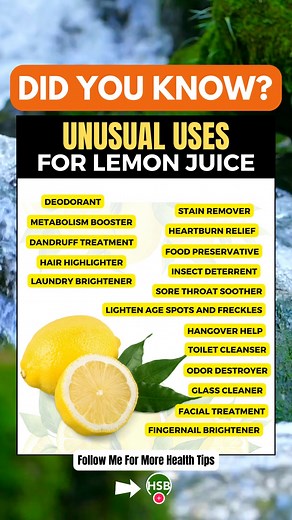 Lemon juice is more than just a zesty addition to your favorite recipes; it's a versatile powerhouse that can work wonders in unexpected ways. Let's explore some of the most unusual yet effective uses for this citrus sensation. 💫🍋🔍 #DidYouKnow #facts #lemonjuice #LemonJuiceHacks #LemonMagic #LemonLifeHacks #healthiswealth | Health Spirit Body