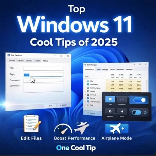 🪟 Most Popular Windows 11 Cool Tips of 2025 Check out the most popular Windows 11 Cool Tips of 2025. Use 3 built in Windows 11 tricks: smarter metadata, Efficiency Mode, and Airplane Mode for battery sanity. #Windows11 #Productivity #WindowsHacks #PCPerformance @Microsoft @Windows #TechTips #OneCoolTip @onecooltip https://www.onecooltip.com/2025/12/most-popular-windows-11-cool-tips-of.html | One Cool Tip.com