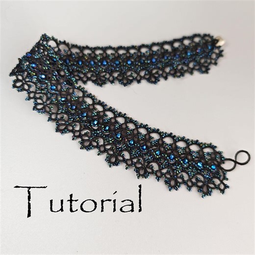 Tatting Lace Choker Pattern PDF | Frivolite Jewelry Tutorial | Black Handmade Lace Decorated With Blue Beads - Etsy