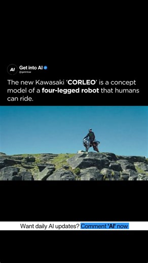 Artificial Intelligence | AI on Instagram: "Kawasaki’s Rideable Robot Dog is Real. 🐾🏍️ Meet CORLEO — a four-legged robotic beast you can actually ride. Unveiled as a concept, CORLEO isn’t just for show. It’s designed to handle rough, off-road terrain where traditional bikes fail — and its future use cases could include search & rescue, military operations, and more. Some ask why? Others say why not? Would you ride one? 🤔💭 👉 Follow @getintoai for more AI & tech breakthroughs #Robotics #Kawas
