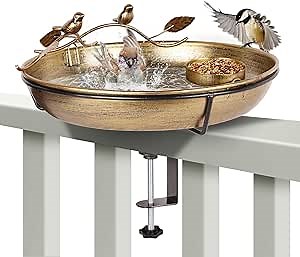 Metal Deck Mounted Bird Bath - 12 Inch Bronze Color Bird Bath for Outdoor with Small Bird Feeder and Decor Branch - Attracts Hummingbirds, Cardinals, Finches