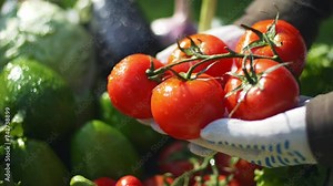 farmer holding a bunch of fresh harvested tomatoes, a staple food ingredient. agriculture, farming, tomato production, small local farm, farmers market