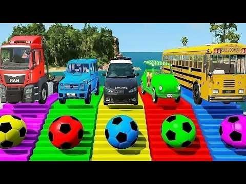 TRANSPORTING PIXAR CARS & FRUITS WITH COLORED & JOHN DEERE vs CLAAS vs TRACTORS - BeamNG.drive #983