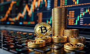 Stacked coins and Bitcoin symbol on a laptop with market graphs.