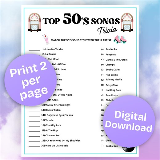 50s Music Trivia Printable With Answer Key,classic Rock 'n' Roll Trivia,50s Songs,retro-themed Party,birthday,anniversaries,instant Download - Etsy