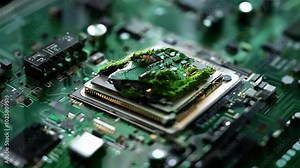 A green globe model rotates atop a microprocessor board, illustrating the connection between ecology and technological advancement in microelectronics production, highlighting sustainability.