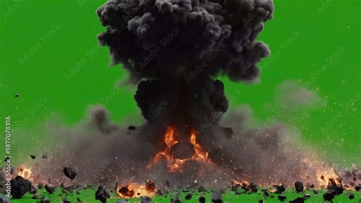 Sequential Animation of an Explosive Explosion with Smoke and Debris on Green