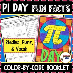 Pi Day Riddles, Puns, & Vocabulary  PRINTABLE COLOR-BY-CODE WORKSHEET ACTIVITY