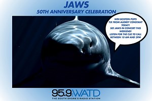 Today is the day we kick off our Jaws 50th Anniversary Celebration ✨🦈 Audrey Constant will be giving away tickets to this weekend's Boston Pops Jaws in Concert Performance - happening at Symphony Hall in Boston! Listen for the cue to call... and win! Get all the info on our Jaws 50th Celebration here: https://tinyurl.com/WATDjaws | 95.9 WATD FM