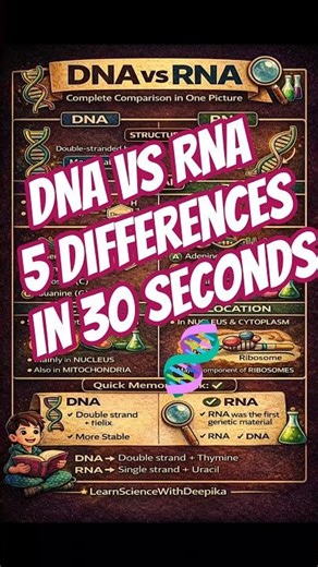 DNA vs RNA | 5 Differences in 30 Seconds 🧬| class 9-12 #highschoolbiology #education #shorts