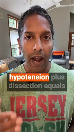 AnandSwaminathan on Instagram: "Hypotension in Dissection Hypertension not universally seen in aortic dissection presentations: 50% of patients hypertensive + up to 20% w/ hypotension - Hypotension can result from measuring BP in arm w/ dissection flap. Important because you want accurate measurement of systemic BP to titrate your anti-impulse therapy against. - More dangerous possibility is that the patient dissected back through the aortic root and has pericardial tamponade. Easy enough to mak