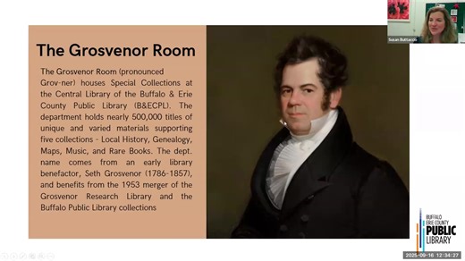 Susan Buttaccio (Manager of Special Collections Department, Buffalo & Erie County Public Library) discusses "Profoundly Public Happenings in the Grosvenor Room of the Buffalo & Erie County Public Library" at the free, virtual IMAGINE Buffalo program. IMAGINE Buffalo is presented by C-SAAHN and the Buffalo & Erie County Public Library and is hosted by Dennis Galucki. | Buffalo & Erie County Public Library - Central Library