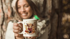 FLOCHIL Personalized Highland Cow Coffee Mug, Custom Highland Cow Mugs With Name, Fall Autumn Coffee Mugs, Gift For Thanksgiving Day, Halloween, Christmas