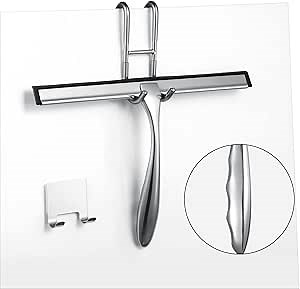 Shower Squeegee for Glass Doors,12-Inch Shower Glass Squeegee, Sliver Shower Squeegee for Shower Doors,Mirror,Windows, with Shower Door Hook and Adhesive Hook