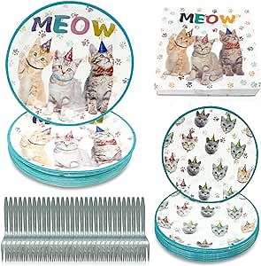 120 Pcs Cat Party Supplies - Kitten Paper Plates Napkins Forks Set - Cat Party Tableware for Kids Boys Girls Cat Themed Birthday Party Baby Shower Decorations Serves 30