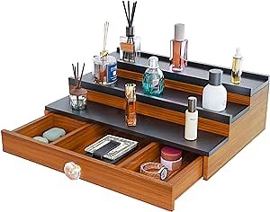 Cologne Organizer for Men, 3 Tier Wood Perfume Organizer with Drawer Storage and Hidden Compartments, Perfume Display Holder for Bedroom, Cologne Holder Tray Shelf, Room Decor for Men