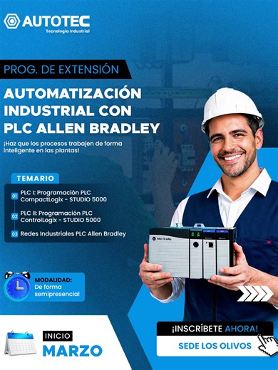 🚀 ¡Lleva tu perfil al siguiente nivel con AUTOTEC! Iniciamos nuestro Programa de Extensión en Automatización Industrial con PLC Allen Bradley 💡⚙️ Aprende a programar: 🔹 PLC CompactLogix – Studio 5000 🔹 PLC ControlLogix – Studio 5000 🔹 Redes Industriales PLC Allen Bradley 📌 Modalidad semipresencial 📍 Sede Los Olivos 🗓 Inicio: Marzo Haz que los procesos trabajen de forma inteligente en las plantas industriales 🔧🔥 ⚠️ Vacantes limitadas 📲 Escríbenos por interno 51 976 163 434 y asegura tu