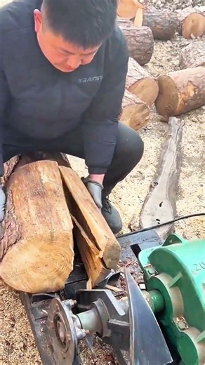Person splitting large log using mechanical wood splitter