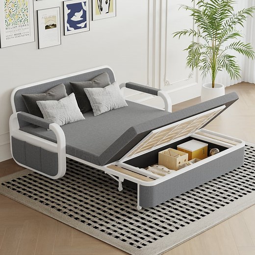 Up to 74.8" Cotton and Linen Sofa Bed Light Gray Sleeper Sofa Loveseat with Solid Wood Frame｜Homary