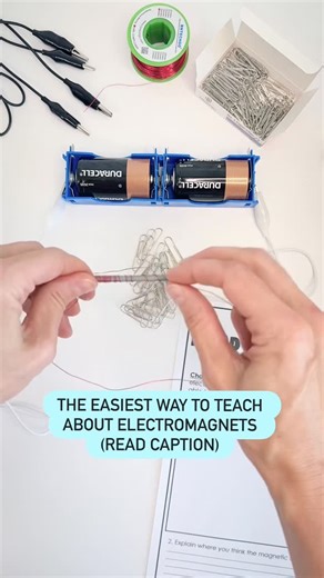 Kelly Nelson on Instagram: "The easiest way to teach students about electromagnets is to let them build one and see for themselves how it works. No direct instruction, just let them explore (with some boundaries of course)! I recently shared everything you need to know about building electromagnets on my blog: supplies, safety tips, and how to introduce the activity. I even created a ready-to-go lesson with slides and a student handout so you can use it right away (linked in bio). Teaching scien