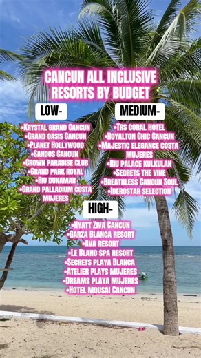 Cancun All Inclusive Resorts by Budget 🇲🇽 From the Hotel Zone and North Cancun/Costa Mujeres area only. Comment below which of these resorts have you visited or want to visit⬇️ ✈️Follow for more travel related content! #cancunresort #cancunallinclusive #cancunallinclusiveresorts