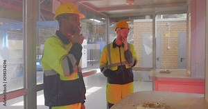 Two workmen go out from smoking area with cigarettes. Colleagues finish break for smoke. Heavy industry plant. Bad habit interferes with work