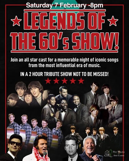 Birr Theatre & Arts Centre on Instagram: "Brand new! Birr Theatre & Arts Centre -Saturday, 7 February -8pm Following a sell-out debut tour to nightly standing ovations and rave reviews join a multi award-winning all-star cast of musicians and singers Stephen, Raymond and Chris for the musical masterpiece that is the “Legends of the 60's Show”. The show with the ultimate feelgood factor will transport you all the way hand clapping, swinging and singing back to that magical golden decade that was 