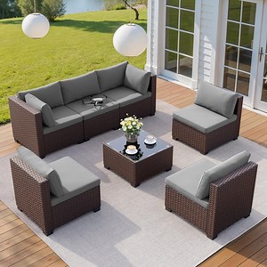 Noelse 7 Piece Outdoor Patio Furniture Set,Outdoor Sectional Furniture Set with Glass Coffee Table, Cushion, for Garden, Porch, Gray