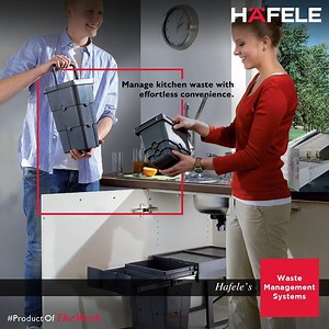 Considering that every aspect of the kitchen should give you optimal functionality, Hafele offers you the best options in managing your kitchen waste with effortless convenience. Our range includes various waste-bin installations be it in the form of swing-out bins that are attached to the cabinet door, freestanding bins that settle snugly beside the wall or worktop bins that offer handy disposal of vegetable skins and cutting waste. Explore a range that meets all your waste management and dispo