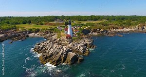 Portland Head Lighthouse aerial view in summer, Cape Elizabeth, Maine, ME, USA. This lighthouse was built in 1791, and is the oldest lighthouse in Maine.