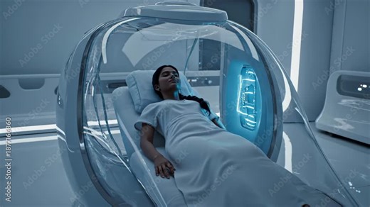 Patient Lying In Futuristic Medical Pod With Glowing Blue Energy Waves In A Sterile White Laboratory