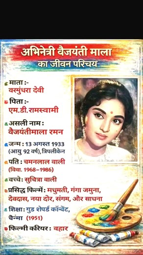 अभिनेत्री वैजयंती माला का जीवन परिचय।। #ytshorts#actor #actress #bollywood #gk#biography