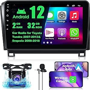 Android 12 Car Radio for Toyota Tundra 2007-2013 and Sequoia 2008-2018, 2G+32G 10 Inch Tundra Stereo with Wireless Carplay&Android Auto Support Bluetooth/Voice Control/GPS/WiFi/Back-up Camera/SWC/FM