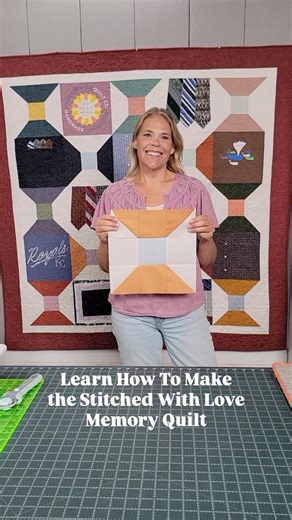 Wrap up in warm memories with Natalie’s next quilt, Stitched with Love. Watch the tutorial this Friday on YouTube! #quilting #quiltingtutorial #memoryquilt | Quilting Deals - Missouri Star Quilt Co