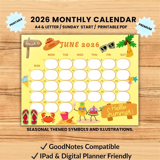 June 2026 Printable Calendar Horizontal Monthly Calendar June 2026 Planner Sunday Start Letter Size Seasonal Calendar Instant Download PDF - Etsy