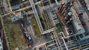 HD. View from above. Modern equipment with a pipe or a powerful technological zone at an oil depot or tank farm. Extraction of rock oil for supplies.