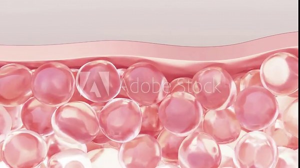 Essence penetrates deep skin cells, activates skin cell regeneration, support sagging skin, eliminates facial wrinkles, pink cells, concept skin care beauty.Cosmetic ads, 3D animation.