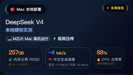 我真在 Mac 上本地部署了 DeepSeek V4！257GB 内存   中文 4 tok/s 实测——哦对了，官方 API 现在只要 2.5 折