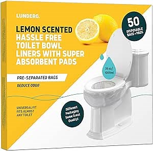 Lunderg Toilet Liners with Lemon Scented Super Absorbent Pads - Value Pack 50 Count Universal Fit - Disposable Toilet Bags - Convert any Home, Boat or Camping WC into a Dry Flush - Emergency must have