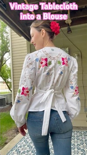 I used a 1970s Blouse Pattern (Simplicity S6290) to transform this E-bay vintage Tablecloth!