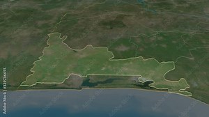 Ogun, state with its capital, zoomed and extruded on the satellite map of Nigeria in the conformal Stereographic projection. Animation 3D