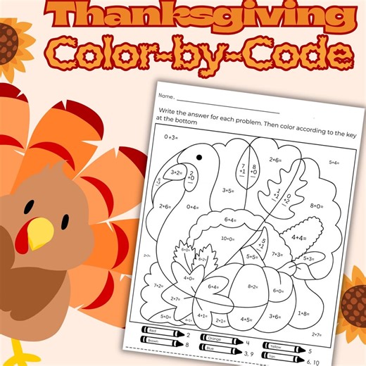 Thanksgiving Color-by-code Math Worksheet | Addition & Subtraction Within 2 - Etsy